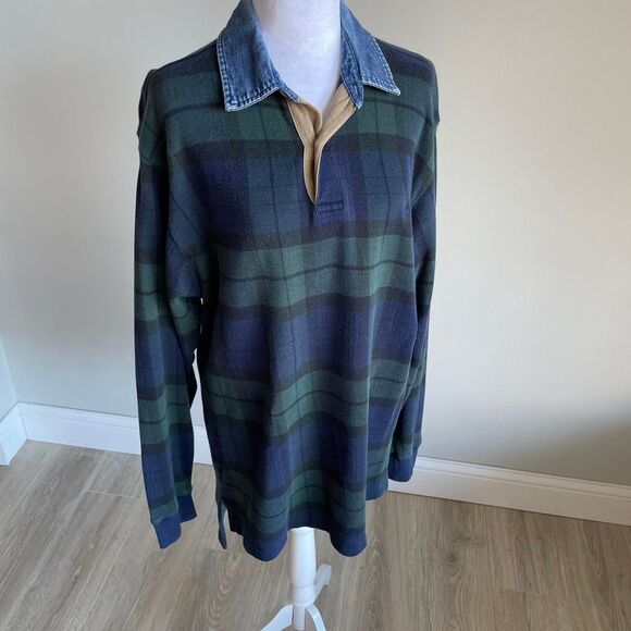 Vintage 90's Men's Medium Green and Navy Polo Shirt Denim Collar Rugby Bro Lad - Picture 8 of 8